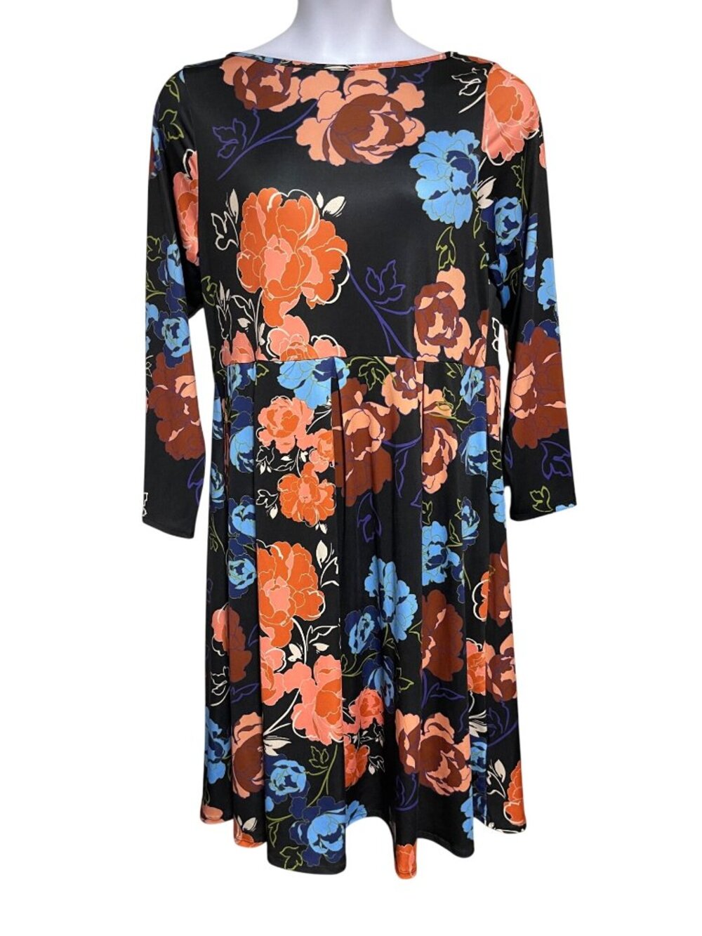 Floral Black Midi Dress Long Sleeve Swing Style Soft Fabric Womens 1X 24Seven